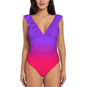 Menas de banho feminina neon roxo e cor rosa cor desbotamento babado de uma peça Mulheres de maiô Push Up Monokiny Sexy Print Bathing