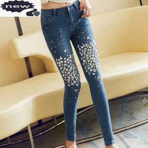 Jeans feminino Chegada moda de alta qualidade feminino diamante calça de crítica de miçangueira fêmeas fêmeas vintage mid waist sweet plus size