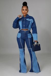 Womens Matching Set Denim Patchwork Vintage Short Jacket and Flare Pant Two Piece Outfit Autumn Casual Y2K Fashion Set 240408