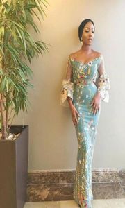 Aso Ebi Off Shoulder Evening Dresses 2017 Appliques Flower Poet Sleeve Prom Dress Mermaid Dubai Abaya Arabic Dresses Party Evening3796108