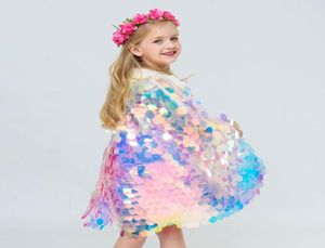 Fashion Girls Sequin Capes Cloak Rainbow Fish Scale Cape for Children Christmas Halloween Cosplay Little Memaid Princess Costume L7111222