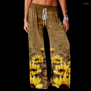 Kvinnor Pants Spring Summer Sunflower Print Y2K Streetwear Women Trend Casual Wide Leg Elastic midjebyxor Löst joggar chic