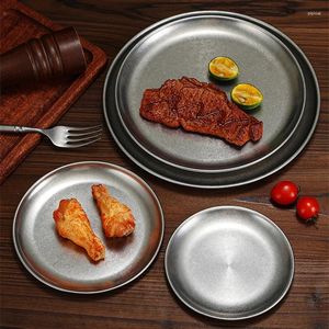 Plakalar Paslanmaz Çelik Retro Yemek Tepsi Tepsi Yuvarlak Kek Tatlı Yemekleri Gümüş Batı Biftek Plakası Mutfak Tahsilatı