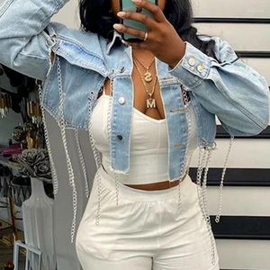 Women's Jackets Asymmetric Short Jacket Top Long Sleeve Halter Chain Summer 2024 Streetwear Light Blue Ripped Denim