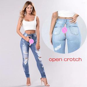 Women's Jeans Invisible Open Crotch Ripped Boyfriend Sexy Mid Rise Loose Fit Distressed Stretch Denim Pants Outdoor Sex Trousers