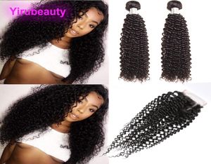 Cabelo humano 9A brasileiro 2 pacotes com fechamento de renda 4x4 3 peças calçadas cabelos virgens encaracolados com encerramento de renda Baby Hair Frontal9305760