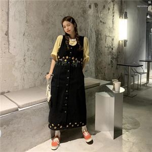 Casual Dresses Large Size 5XL Tank Denim For Women Spring Autumn Female Sleeveless Single-breasted Flower Embroidery Blue Black Vestido