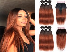 Two Tone Ombre Auburn Brazilian Virgin Hair Weave 3 Bundles with 4x4 Lace Closure 1B33 Black Roots Raw Human Hair Extensions Pre3449122