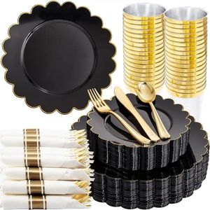 Einweg -Geschirr 350pcs Schwarze Plastikplatten verpackte Silberwaren Gold Boho Party Serving