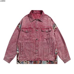 Ethnic Style Patchwork Washed Denim Jacket for Men and Womens Spring Autumn Clothing Trendy Brand Color Matching Rough Edges Heavy Work Old Coat