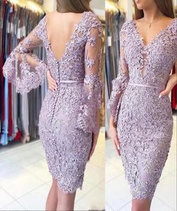 2021 Sexy Women Cocktail Dresses V Neck Lilac Long Sleeves Sheath Prom Dress Knee Length Lace Appliques Beads Party Dress Plus Siz4975696