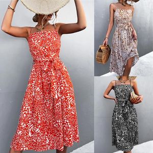 Sukienki swobodne moda spaghetti pasek maxi sukienka Summer Women Lopard Print Slash Szyja Seksowna bez rękawów długa elegancka elegancka vestidos