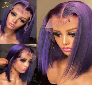 Colored Purple Human Hair Wigs For Black Women HD Transparent Lace Front Deep Part Short Bob Straight Glueless Pre Plucked1656000