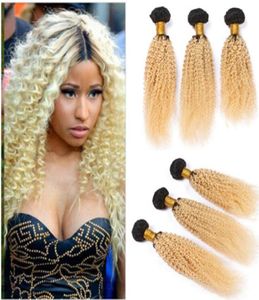 Kinky Curly Brazilian Blonde Ombre Human Hair Weave Bundles 3PCS Two Tone 1B613 Dark Root Blonde Ambre Human Hair Extensio6221180