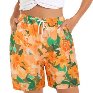 Frauenshorts lässige Sommer Comfy Beach Elastic Taille Blumendruck mit 2 Taschen kurze Sonnenbringer