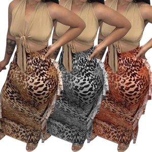 Spódnice Avv moda lamparta wydrukowana wysokiej talii dwa boczne frędzle 2024 Kobiety Summer Casual Long Fit Party Club