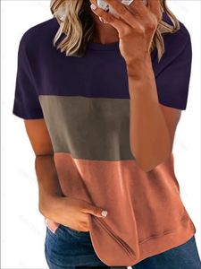 2024 Plus Size Womens European and American Casual Round Neck Short Sleeve Patchwork TShirt Tops 240412