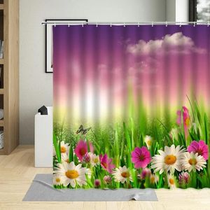 Shower Curtains Rural Garden Flowers Plant Curtain Sunflower Butterfly Flower Dandelion Tulip Scenery Bathroom Bath With Hooks