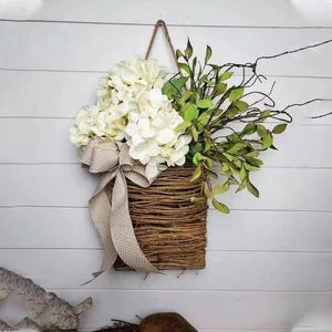 Decorative Flowers Artificial Rattan Woven Flower Basket Spring Silk Wedding Hanging Room Front Door