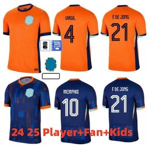 2024 Jerseys de futebol da Holanda Memphis de Jong Virgil de Ligt Gakpo Dumfries Bergvijn Klaassen 24 25 Home Away Fãs Camisa de futebol de jogador de futebol Kits Kids Kits Kits Kits Kits