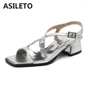 Sandals ASILETO 2024 Elegant Peep Toe Women Strap Buckle 5cm Thick Heel Big Size 40 41 42 43 Dress Silver White Pink