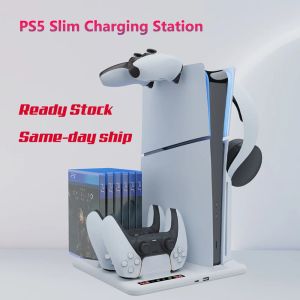 STANDS PS5 Base de suporte slim e carregador de ventilador de resfriamento com estação de carregamento do controlador para PlayStation 5 Console, Ps5Slim Acessórios Dock