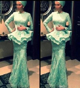 Mint Green Muslim Abito da sera maniche 2019 Mermaid Lunghezza per pavimenti lunghi abiti da ballo formali con peplo Arabia saudita Dubai9961907