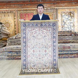 Carpets YILONG 3'x5' Antique Oriental Silk Carpet Beige Exquisite Handmade Rug (LH106A)