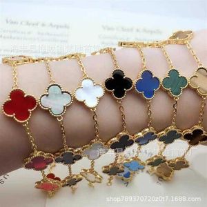 Original VAN High Version Four Leaf Grass Bracelet Female Plated Rose Gold Red Agate White Fritillaria Full Diamond Handicraft