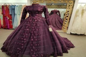 Purple Lace Appliques Long Sleeves Evening Dresses 2019 Muslim Prom Dress High Neck Formal Party Gowns Saudi Arabia Bridal Dress P7411400