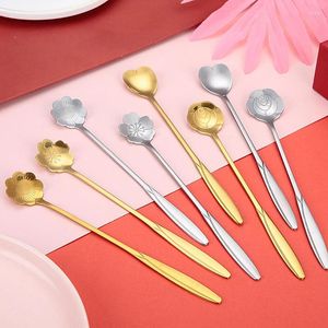 Coffee Scoops 1Pcs Spoon Stainless Steel Cherry Blossom Rose Creative Long Handle Gold-plated Flower Spoons Kitchen Accessories