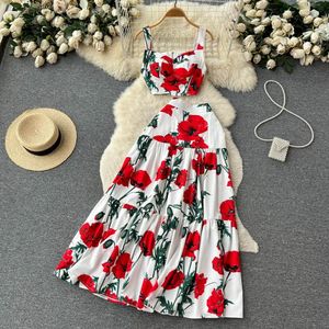 Runway Summer Maxi Skirt Top Suit Two Pieces Womens Outfits Fashion Floral Print Spaghetti Strap Holiday Beach Dress Set M530 240411