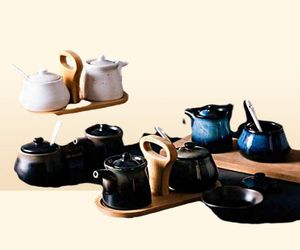 Klassisk porslin Sugar Bowl och oljeflaskan Set Convenience Ceramic Spice Jar for Kitchen Salt Shaker Soy Sauce Pot9266094