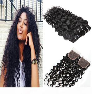 Дешевые 8а бразильские человеческие волосы с кружевным закрытием 44 водяные перуанские волосы Глубокая волна.