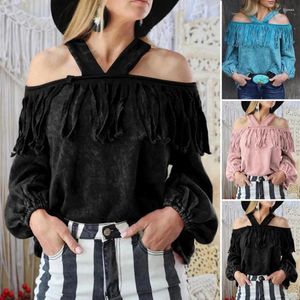 Women's Blouses Fringe Decor Lantern Long Sleeve Backless Loose Fit Women Blouse Sexy Off Shoulder Halter Pullover Top Streetwear