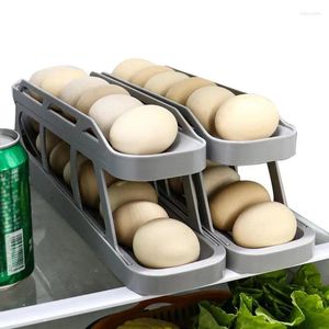 Förvaringsflaskor rullande ägghållare 2 Tier Automatisk rull 2st kylskåp för 12-14 äggbehållare