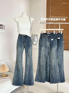 Kvinnors jeans blå hög midja blossade tvättade vintage koreanska mode denim pants streetwear estetiska kvinnor pant