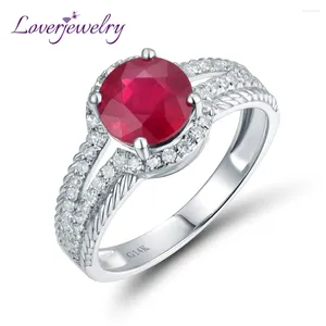 Pierścienie klastrowe Loverjewelry czerwone kamienie szlachetne Eleganckie diamenty Prawdziwe 14KT białe złoto Naturalne okrągłe rubinowe palce pierścienia dla kobiet zaręczyny