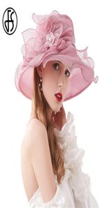FS Summer Organza Fearzator Шляпа складываемые свадебные церковь платья Кентукки шляпы для женщин Элегантная розовая широкая края федора 2208122154462