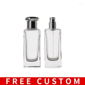 Storage Bottles Free Custom Logo 50ML Portable Square Thick Wall Clear Glass Perfumery Spray Empty Press Bottle With Atomizer For Travel Set