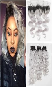 Ombre Grey Pacacles com fechamento frontal Two Tone Tom Pacacéis cinza Tecidas de cabelo humano brasileiro com 13x4 Lace Frontal Wet e Wavy Virg4036756