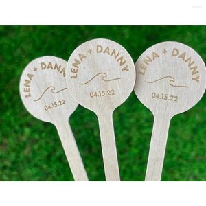 Party Decoration 50 Custom Wood Sticks Beach Vibes Cocktail Wedding Drink Stirrers Wave Design av Yaya - Round Top