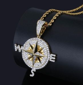 Iced Out Bling Cubic Zircon Compass Necklace Pendant Chain High Quality Hip Hop Gold Silver Color Charm Juvely Gifts4095326