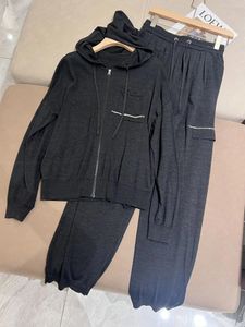 Women's Two Piece Pants Spring Summer Wool Silk Hooded Zipped Knitted Suit
