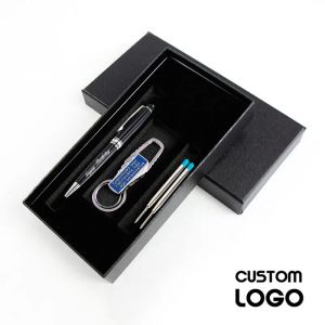 Pens 1set Customized Logo Business Metal Ballpoint Pen Black Gift Box Rotating Pens With Key Chain Refill Office Supplies Stationery