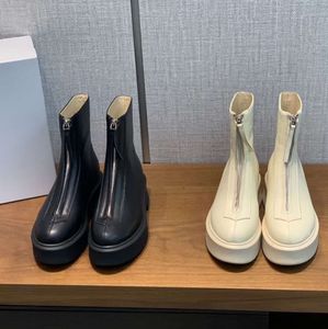 5a die Reihe weiße glatte Leder-Knöchel Chelsea Boots Plattform Zip Slip-on Runde Zehen Block Heels Flache Keilstiefel Stiefel klobiger Luxusdesigner Tide