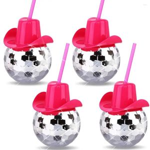 Engångskoppar Straws 4st Pink Disco Ball Cocktail Cup med halm Birthday Wedding Bridal Shower Bachelorette Party Decoration Supplies