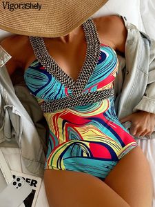 Vigoashely 2024 Sexig tryckta bandbadkläder Kvinnor skjuter upp baddräkt Monokini Backless Hollow Summer Bathing Suit 240409