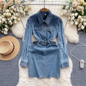 Casual Dresses Women Single Breasted Long Sleeve Denim Randig skarvning Retro Feminin Slim Short Jeans Dress with Belt