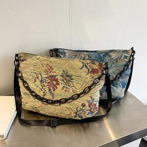 Omuz çantaları vintage kadınlar yağlı boya tuval jakquard messenger çanta gündelik bayanlar akrilik zincir büyük kapasiteli crossbody el